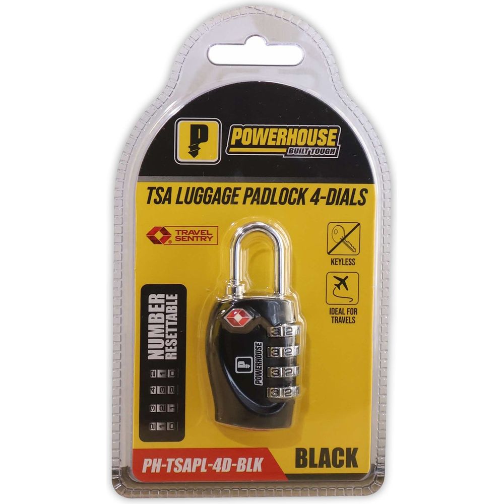 Powerhouse PH-TSAPL-4D-BLK Luggage Padlock 4 Dials (TSA) | Powerhouse by KHM Megatools Corp. Powerhouse PH-TSAPL-4D-BLK Luggage Padlock 4 Dials (TSA) | Powerhouse by KHM Megatools Corp.